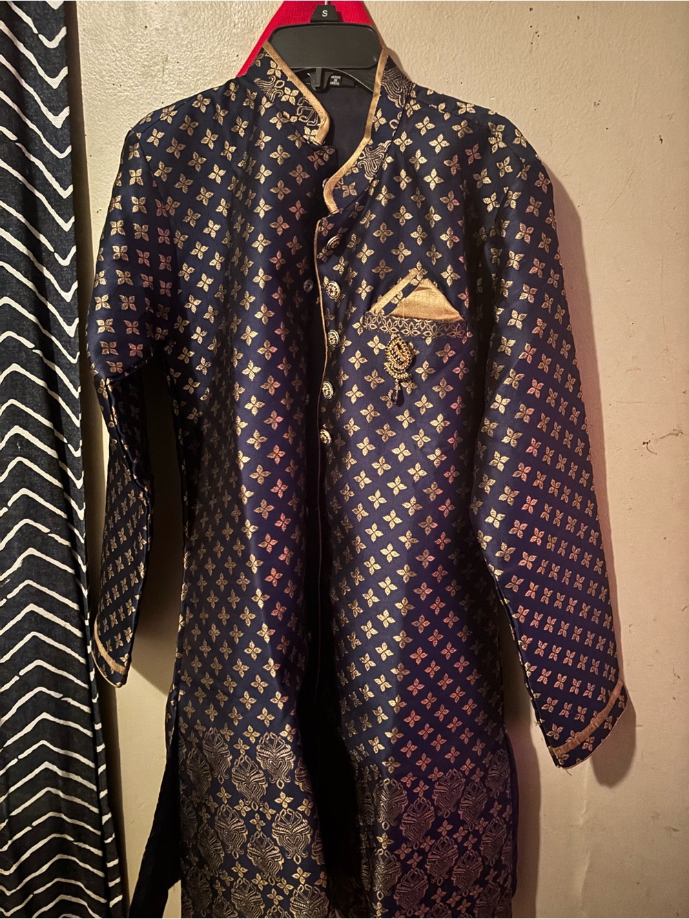 Sherwani: Navy Blue and Gold Brocade Sherwani - Elegant Men's Jacket